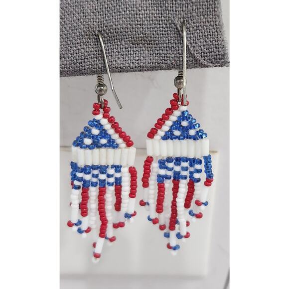 Hand Beaded American Flag Red White Blue Dangle Hook Earrings 3" Long - Picture 2 of 3